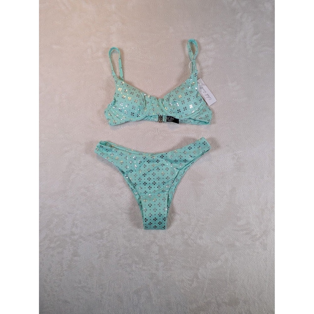 Edel Qual Mint Green Floral Metallic Bikini Set XS